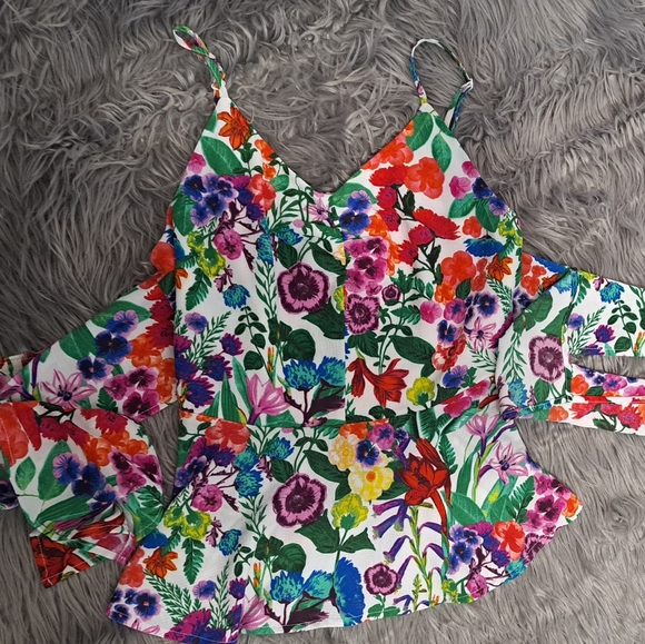 Willow root smocked peplum tank top floral blouse colorful spring summer boho sm - Picture 2 of 5